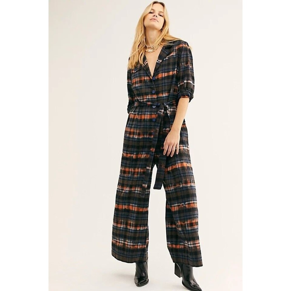 Free People NWT Ampersand Heart Plaid Jumpsuit Sz XS
